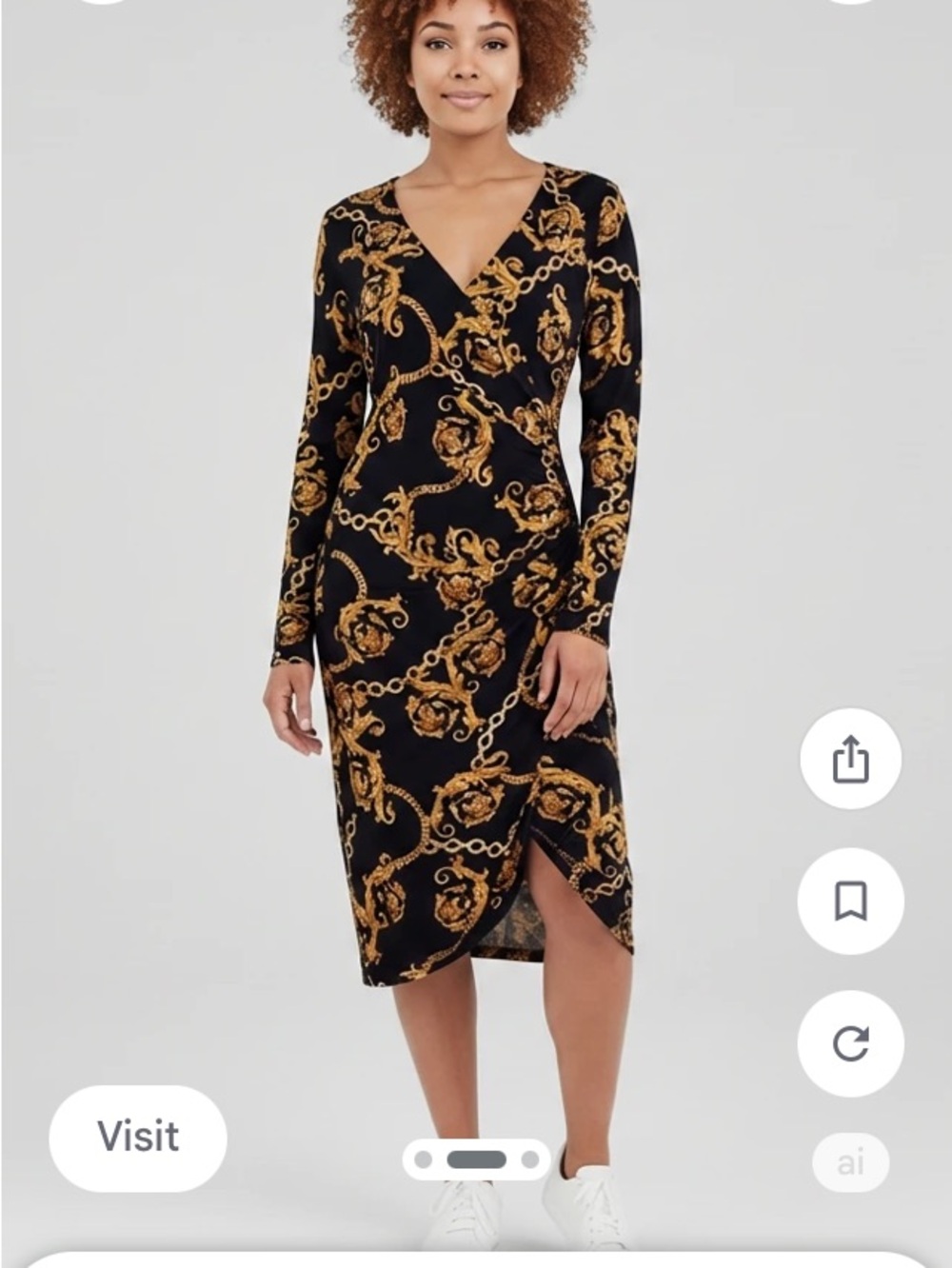 Thalia Sodi Black and Gold Chain-Print Wrap Midi Dress